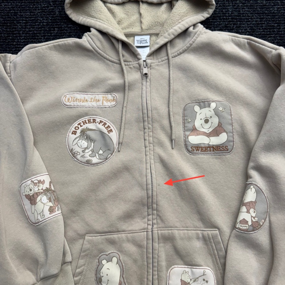 Disney Winnie the Pooh Eeyore Full Zip Hoodie Tan Beige Character Patch Large - Picture 10 of 16